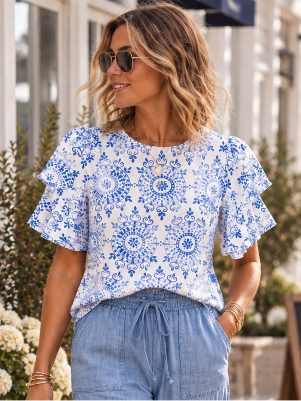 Lilly Pulitzer Lailah Short Sleeve Blue White pattern   Eyelet Top Ruffled Sslee